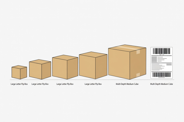 Flat vector illustration showing five standardized shipping cartons from Large Letter Pip Box up to Multi-Depth Medium Cube alongside a 4x6 GS1-128 thermal shipping label