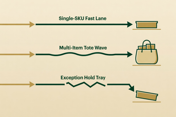 Flat vector diagram in forest green, brass, and parchment showing incoming checkout orders split into Single-SKU Fast Lane, Multi-Item Tote Wave, and Exception Hold Tray