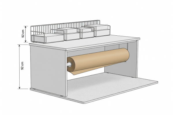 Flat vector architectural elevation of an ergonomic packing bench showing 92cm surface height, overhead wire dividers for 5 box sizes, under-bench kraft paper roll, and anti-fatigue floor mat
