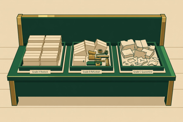 Flat vector illustration in forest green, brass, and parchment showing a returns intake bench with Grade A Restock, Grade B Refurbish, and Grade C Quarantine trays